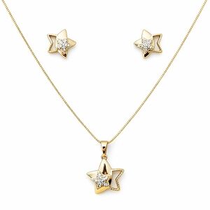 Gold Plated Star Jewelry Set 16” Necklace & Earrings Dainty Crystal Pendant Set